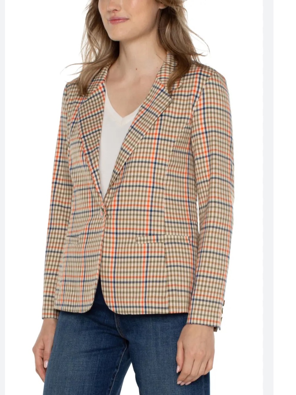 Liverpool Beige Plaid Single-Button Blazer with Orange & Navy Checks